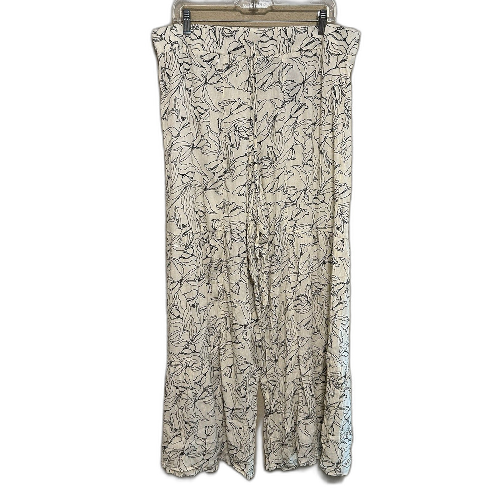NWT Ashley Stewart Wide Leg Pull Pant Drawstring Rayon Ivory Back Floral Size 1X